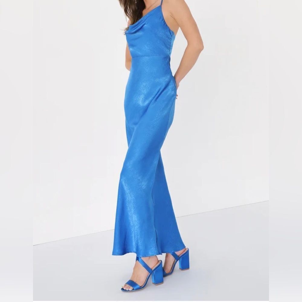 NWT Lulus Blue Satin Cowl Neck Maxi dress, Medium - Picture 6 of 14